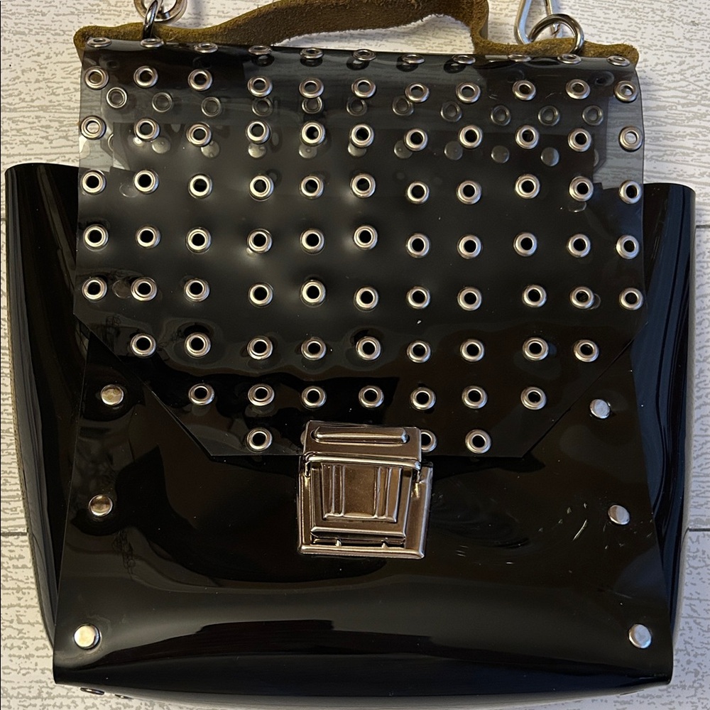 Black punk industrial purse Vinyl Satchel Grommet Bag Handheld or shoulder EUC